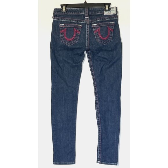True Religion Blue Low Rise White Red Stitches Stretch Skinny Jeans - Picture 1 of 10